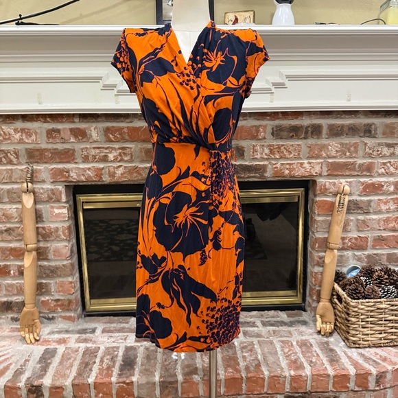 Adrianna Papell Vibrant Orange and Navy Floral Midi Dress / Size 4 / Like New - Picture 6 of 12